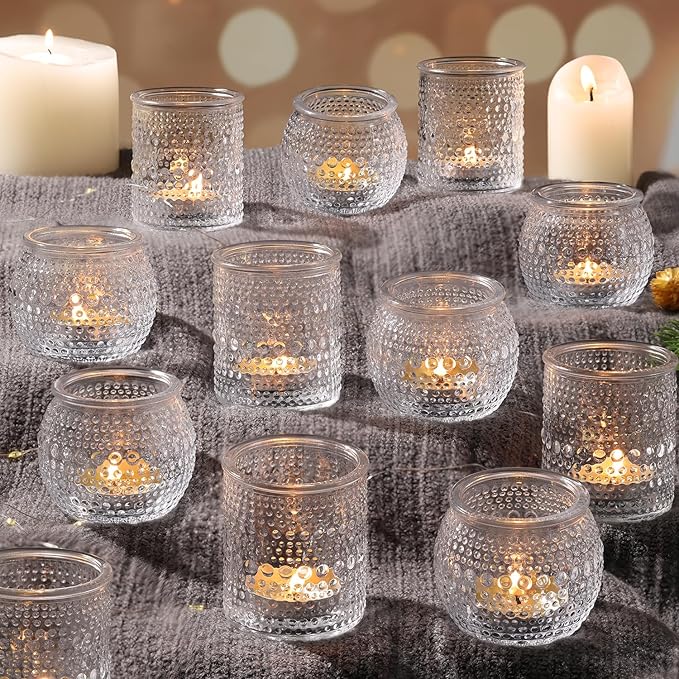 16 Pcs Assorted Clear Votive Candle Holders- Glass Tealight Candle Holder for Wedding Table Decor, Small Candle Holders Bulk for Fall, Thanksgiving, Christmas, Wedding Party Decor
