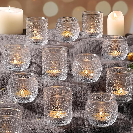 16 Pcs Assorted Clear Votive Candle Holders- Glass Tealight Candle Holder for Wedding Table Decor, Small Candle Holders Bulk for Fall, Thanksgiving, Christmas, Wedding Party Decor