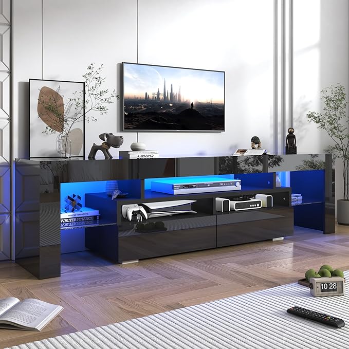 TV Stand with 16 Color LED Lights, Media Console with Drawer and Glass Open Shelf for 75/85/90 inch TV, Modern Gloss Entertainment Center for Living Room Bedroom, Black