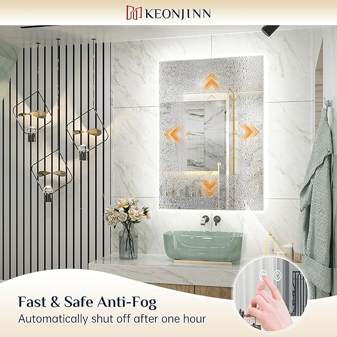 Keonjinn 28 x 36 Inch LED Bathroom Mirror with Backlit, Anti-Fog Vanity Mirror, CRI90+ HD Tempered Glass, Stepless Dimmable, High Lumen, UL Listed, Waterproof, Horizontal/Vertical
