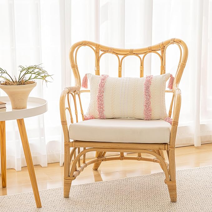 Boho Throw Pillow Covers 12x20 Set of 2 Woven Tufted Farmhouse Pillows Cover with Tassels Textured Striped Cushion Case Lumbar Pillow Cases Decorative Pillowcase for Sofa, Couch, Bed, Pink