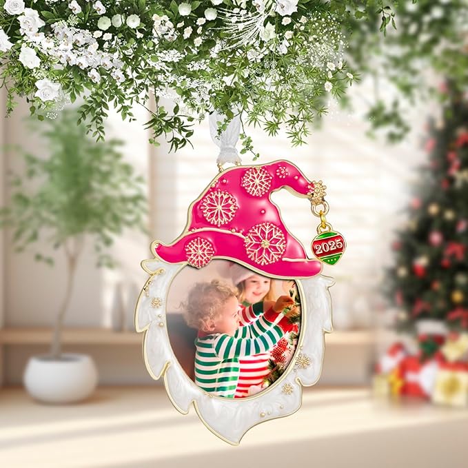 West style 2025 Snowflake Christmas Tree Ornaments Set 3 Pieces-Metallic Picture Frame Ornament Hanging Home Deco Gnomes Reindeer Hanging Pendant Holiday Keepsake Gift (Pink & Golden)