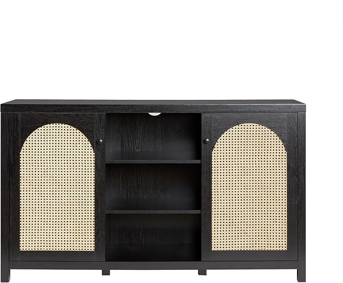 Walker Edison Sasha 2-Door Sideboard Buffet with Arched Rattan Panels, 58 Inch, Black