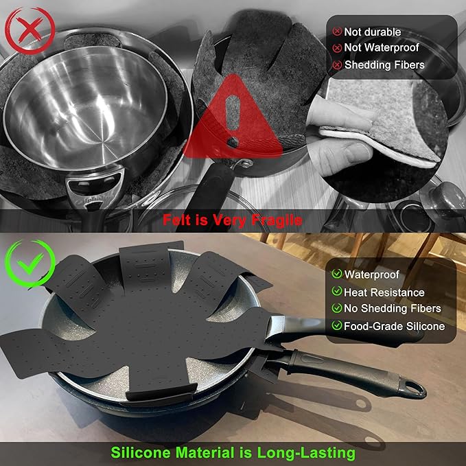 Pot & Pan Protectors, 3-Piece Silicone Cookware Protector Pad, Stacking Pan Protector. It Has a Unique Opening and Fixing Design That Can be Used to Protect and Separate Pots and Pans-Black