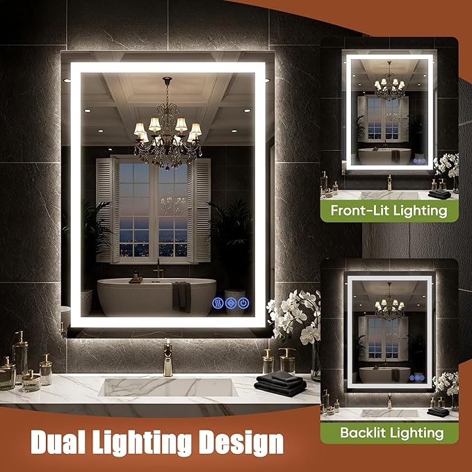 LED Bathroom Mirror 30"x36", Wall-Mounted Vanity Mirrors Front & Backlit Separate Light Control Stepless Dimmable Anti-Fog Memory 3 Color Temperatures Shatter-Proof Tempered Glass