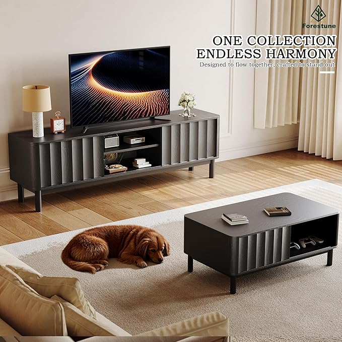Black Mid Century Modern TV Stand, Wood Fluted Living Room TV Stands with Storage Sliding Doors, Desert-Inspired Design MCM Entertainment Center for 55 60 65 70 75 55+ 60+ 65+ 70+ Inch