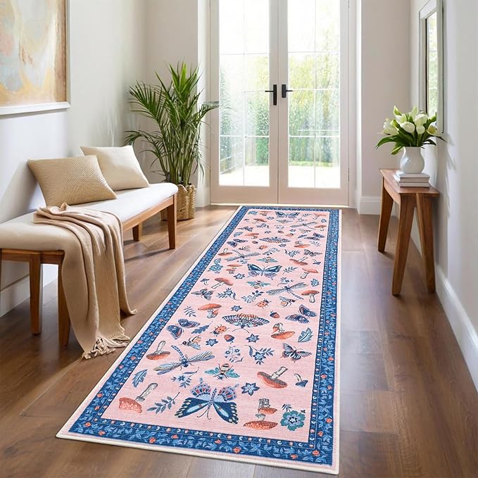 Mushroom Insect 2x6 Runner Rug for Hallway Washable Kitchen Rugs Non Slip with Rubber Back Blue Pink Low-Pile Stain Resistant Indoor Carpet for Entryway Bathroom Laundry Dorm