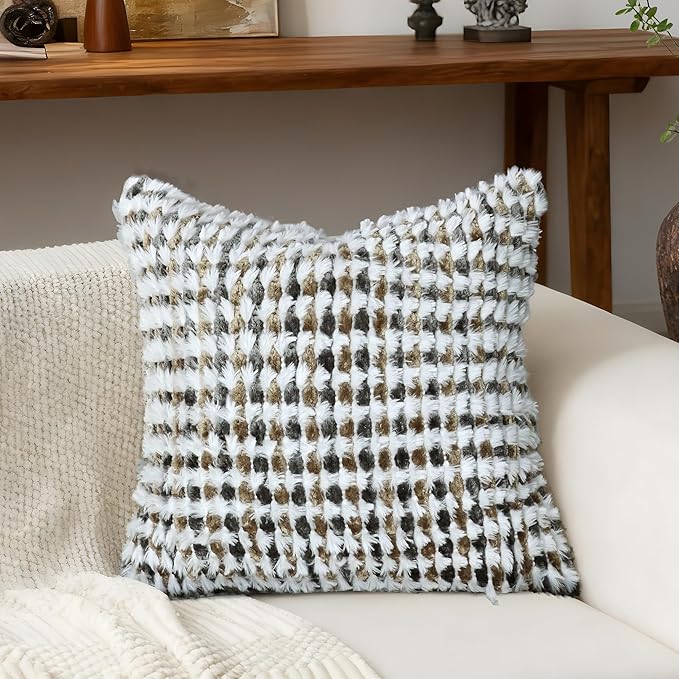 Boho Chenille Tufted Pillow Cover 24x24 Inch Set of 1, Farmhouse Striped Decorative Pillow Covers Accent Fluffy Neutral Square Pillowcases for Couch Sofa Bedroom Living Room, Brown Gray