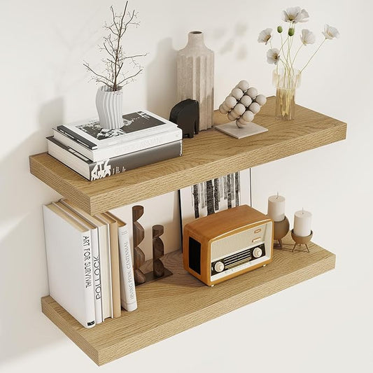 Floating Shelves for Wall, 27.5 Inch Bathroom Shelves Set of 2, Rustic Wood Wall Shelf with Invisible Brackets for Books|Storage|Decor, 8 Inch Deep Floating Shelf for Bedroom|Kitchen, Oak