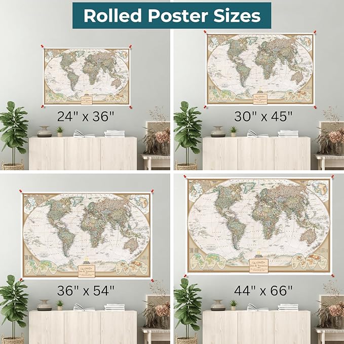 Personalized Canvas Rolled Poster World Map Wall Art with Pins – Large 24" x 36" Executive Map of the World – Push Pin Travel Decor for Home or Office