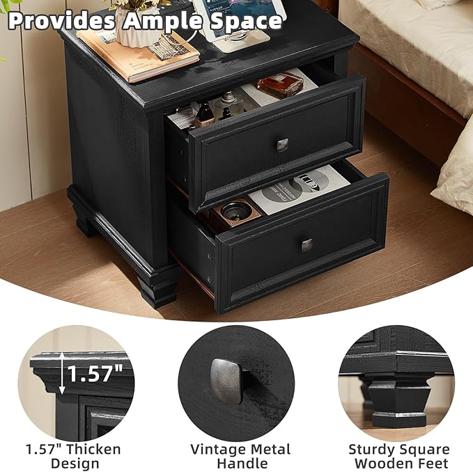 Farmhouse Nightstand Set of 2, Rustic Low Nightstands with 2 Drawers & Charging Station, Vintage Night Stands with 4 Square Solid Wood Legs, Small Dresser for Bedroom, Home, Black
