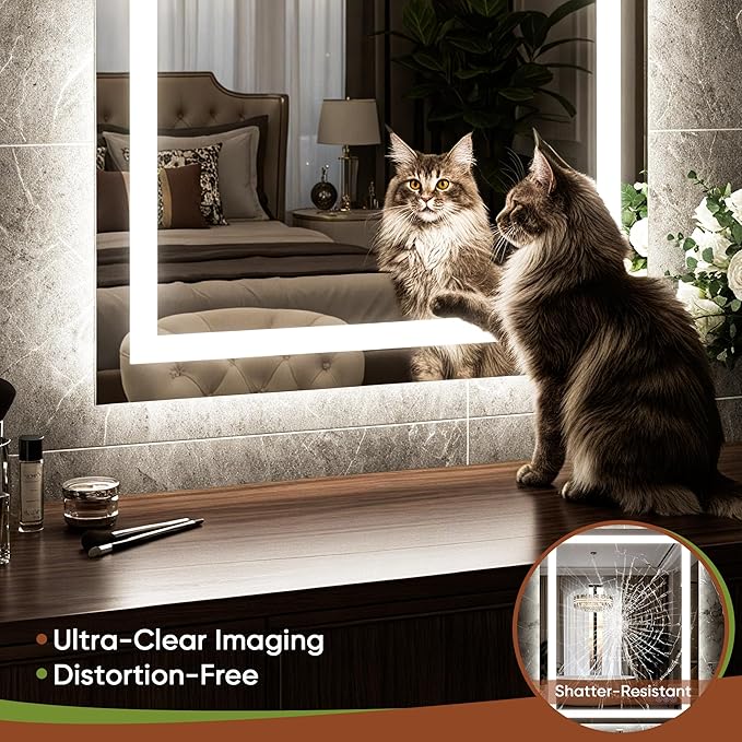 LED Bathroom Mirror 30"x36", Wall-Mounted Vanity Mirrors Front & Backlit Separate Light Control Stepless Dimmable Anti-Fog Memory 3 Color Temperatures Shatter-Proof Tempered Glass