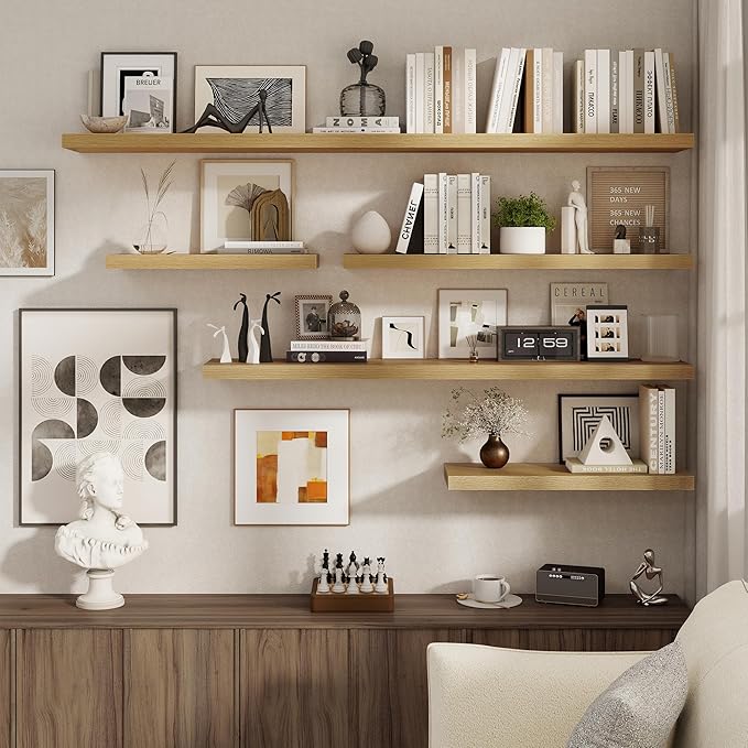 Floating Shelves for Wall, 27.5 Inch Bathroom Shelves Set of 2, Rustic Wood Wall Shelf with Invisible Brackets for Books|Storage|Decor, 8 Inch Deep Floating Shelf for Bedroom|Kitchen, Oak