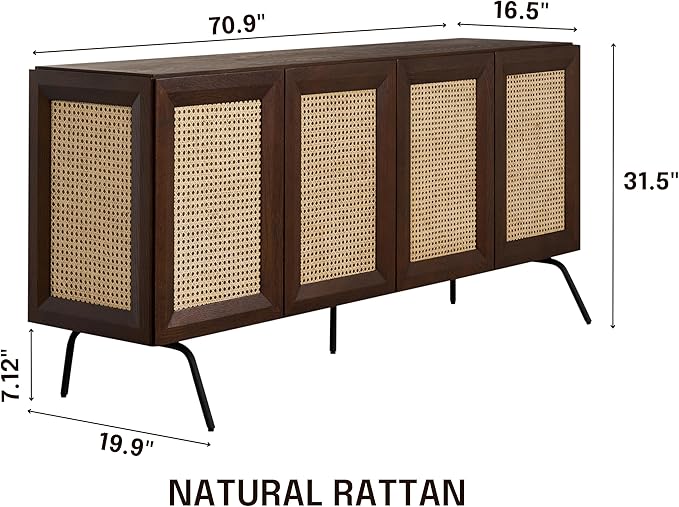 NTC MOSSIC Modern Sideboard with 4 Doors, Natural Rattan Storage Cabinet, Buffet with Metal Legs, Boho Accent Cabinet for Living Room, and Entryway, Effortless Assembly - Dark Walnut