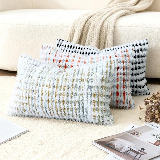 Boho Chenille Tufted Pillow Cover 12x20 Inch Set of 1, Farmhouse Striped Decorative Pillow Covers Accent Fluffy Neutral Lumbar Pillowcases for Couch Sofa Bedroom Living Room, Gray Khaki