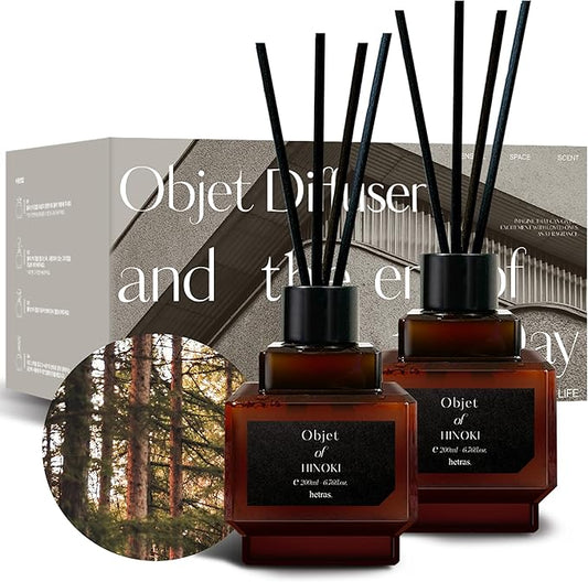 hetras Objet Diffuser Gift Set 6.7 fl.oz. 2 Pack | Hinoki Cypress Scent | Long-Lasting Scented Room Fresheners with 8 Reed Sticks for Home Fragrance Bedroom Bathroom Shelf Décor