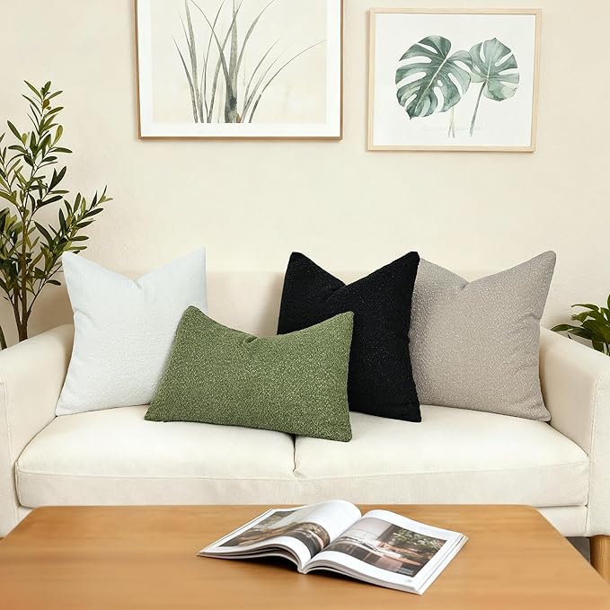 Textured Boucle Pillow Covers 12x20 Inch Set of 2, Striped Solid Pillowcases Cozy Soft Modern Accent Boho Lumbar Decorative Throw Pillows for Couch Sofa Bed Living Room Home Decor, Green