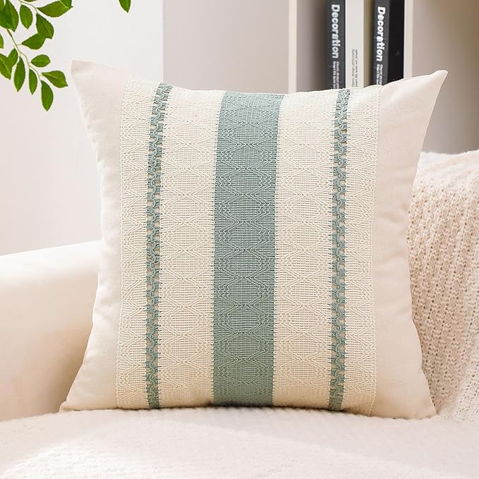 Boho Throw Pillow Covers Set of 2 Linen Farmhouse Pillow Covers 18x18,Rustic Decorative Throw Pillow Cover for Couch,Bed,Living Room (Sage Green, 20" x 20")