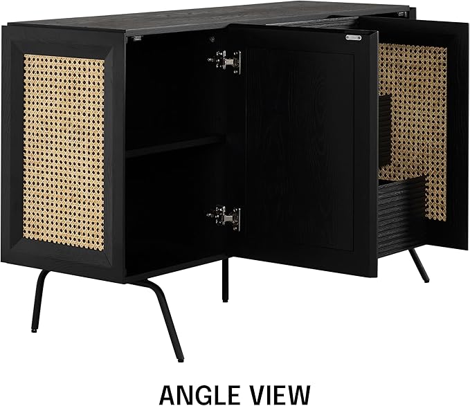 NTC MOSSIC Sideboard with 2 Doors and 3 Drawers, Buffet Cabinet with Natural Rattan and Metal Legs, Modern Storage Cabinet for Living Room, and Hallway, Effortless Assembly - Burnt Black