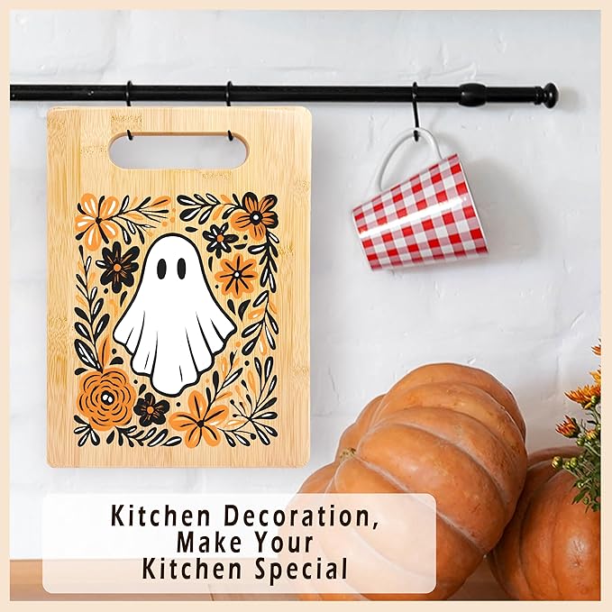 SPBL&L Boho Fall Floral Halloween Ghost Cutting Board, Halloween Gifts for Women, fall kitchen decor, Flower Ghost Decorative Bamboo Cutting Chopping Board for Kitchen