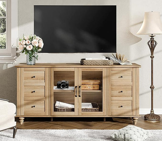 WAMPAT Farmhouse TV Stand for TVs Up to 65 inch, Wood TV Console Table with Storage Cabinets & Glass Door, Entertainment Center for 32-75 inch TV Console Cabinet, 58", Oak