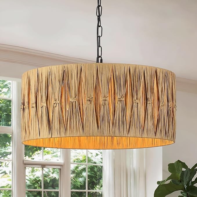 5-Light Boho Chandelier Light Fixture, 18.5" Large Raffia Drum Chandelier Hand Woven Coastal Pendant Light for Dining Room Kitchen Entryway Foyer Bedroom