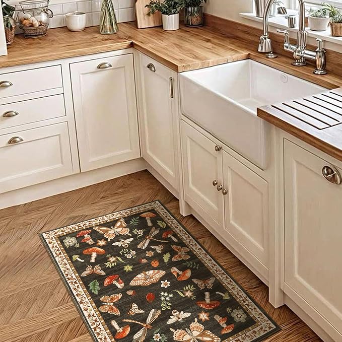 Mushroom Small Rug 2x3 Washable Door Mat Indoor Rugs for Entryway Non-Slip Soft Ultra-Thin Stain Resistant Foldable Rugs Kitchen Bedroom Living Room Brown