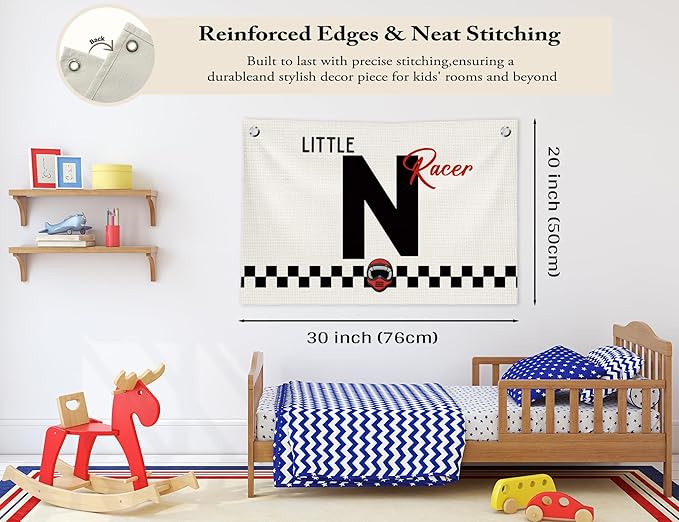 Toddler Boy Room Wall Decor,Name Sign Banner for Personalized Baby Boy Christmas Gifts,Little Racer Canvas Banner for Nursery Toddler Little Boy Bedroom Playroom,Initial N Gift,20x30 in