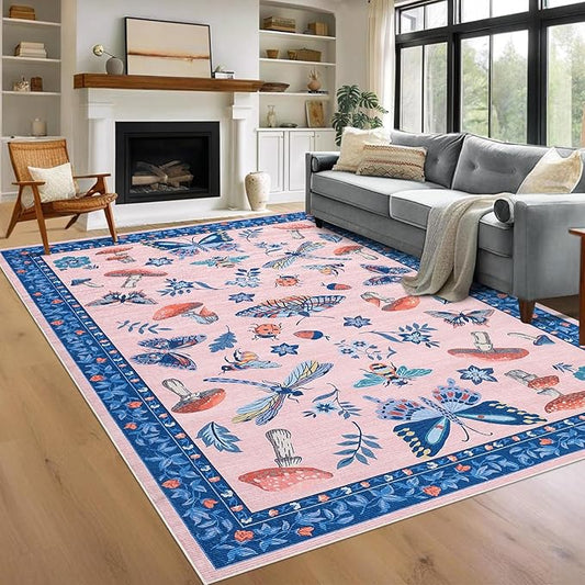 Mushroom Insect 8x10 Area Rugs, Washable Rugs for Living Room Non Slip Stain Resistant Low Pile Modern Butterfly Carpet for Bedroom Dining Room Nursery Playroom Office, Blue Pink