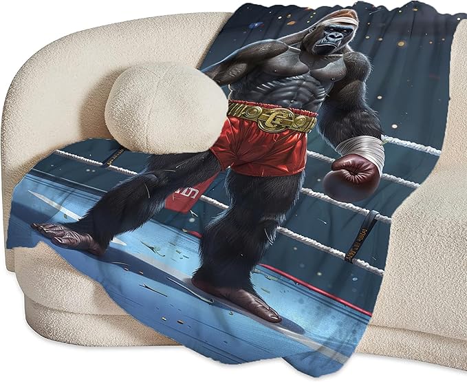 Gorilla Boxing Throw Blanket, 60"x50", Black, Microfiber, Heavyweight, Water Resistant, Perfect for Couch, Bed, Camping, Reading, Napping