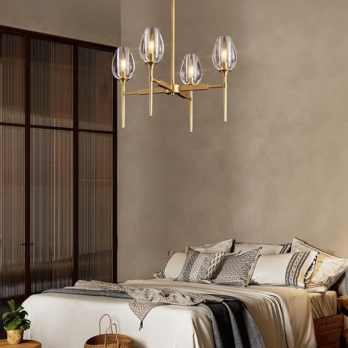 Gold Chandelier Light Fixture Kitchen and Dining Table, 4-Lights Modern Chandeliers for Dining Room, 28" Farmhouse Kitchen Pendant Lights Over Table, Crystal Wagon Wheel Chandelier(Bulbs Included)