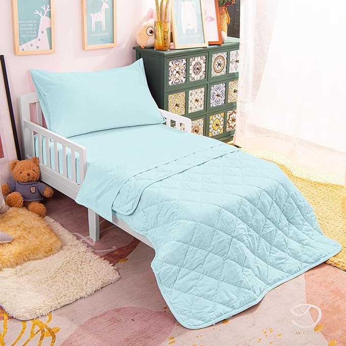 NTBAY Toddler Bedding Set - 4 Piece Soft and Breathable Crib Bedding Set for Boys and Girls, Includes Quilted Comforter, Fitted Sheet, Flat Top Sheet and Envelope Pillowcase, Aqua