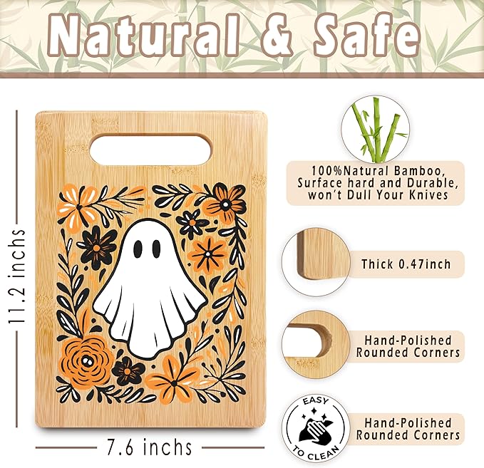 SPBL&L Boho Fall Floral Halloween Ghost Cutting Board, Halloween Gifts for Women, fall kitchen decor, Flower Ghost Decorative Bamboo Cutting Chopping Board for Kitchen