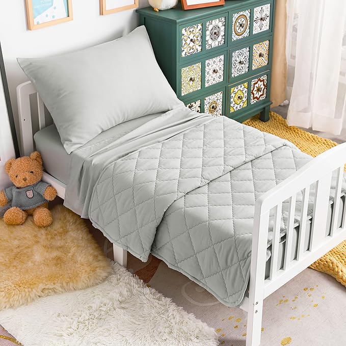 NTBAY Toddler Bedding Set - 4 Piece Soft and Breathable Crib Bedding Set for Boys and Girls, Includes Quilted Comforter, Fitted Sheet, Flat Top Sheet and Envelope Pillowcase, Light Grey