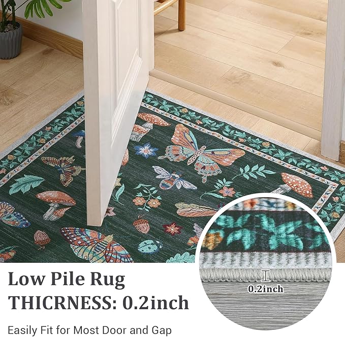 Mushroom Insect 4ft Round Rug Washable Non-Slip Soft Ultra-Thin Small Boho Circle Carpet for Entryway Kitchen Bedroom Nursery Dining Room Black