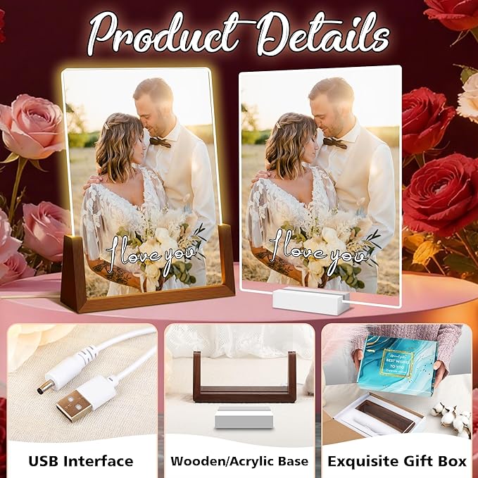 Personalized Christmas Valentines Couple Gifts For Boyfriend Girlfriend, Custom Light Up Picture Frame With Photo, LED Night Light With Photo, Anniversary Birthday Gifts For Women Men Him Her