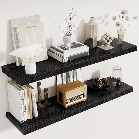 Fun Memories 40 Inch Floating Shelves Set of 2, 8 Inch Deep Wall Shelf, Rustic Wood Storage Shelves for Bedroom, Kitchen, Bathroom, Wall-Mounted Shelf with Invisible Brackets for Books|Storage Black