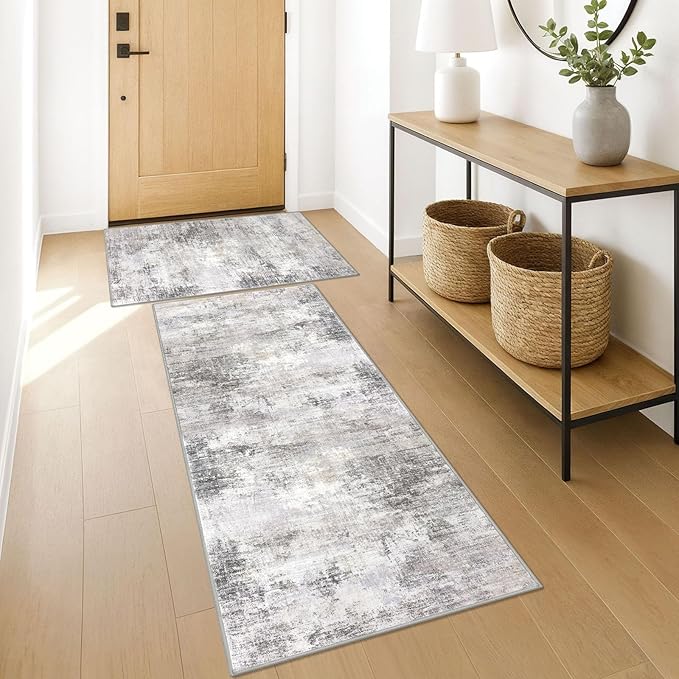 IOHOUZE Abstract Area Rugs and Runners Sets 2x3 and 2x5 Ft, Washable Entryway Rug and Runner Set, Non Slip Kitchen Rug Set, Printed Faux Wool Modern Floor Carpet for Hall Kitchen Entrance, Grey Beige