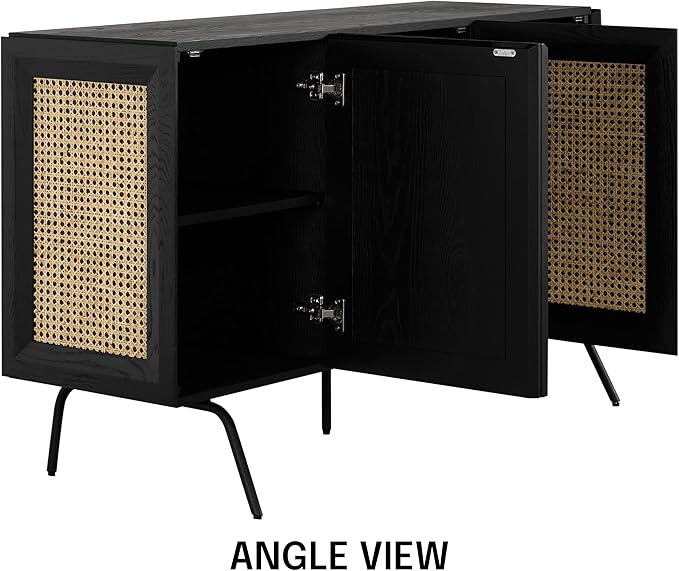 NTC MOSSIC Modern Sideboard with 3 Doors, Natural Rattan Storage Cabinet, Buffet with Metal Legs, Boho Accent Cabinet for Living Room, and Entryway, Effortless Assembly - Burnt Black