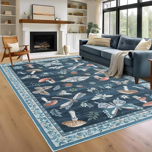 Mushroom 8 X 10 Rug for Living Room Non Slip Washable 8x10 Rug for Bedroom with Rubber Back Soft Low-Pile Stain Resistant Foldable Large Carpet for Office Nursery Dining Room Blue