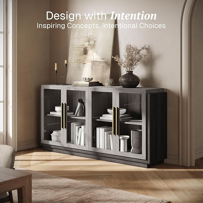 BELLEZE Sideboard Buffet Cabinet, Modern Wood Glass-Buffet-Sideboard with Storage, Console Table for Kitchen, Dining Room, Living Room, Hallway, or Entrance - Brixston (Grey)