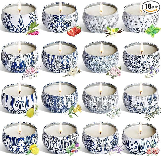 Set of 16 Small Scented Candles Gifts,Blue and White Aroma Naturals Candles,2.5 OZ Soy Wax Travel Tin Jar Candles,Appropriate Gifts for Mom,Christmas, Birthday, Thanksgiving,Christmas Celebrations.