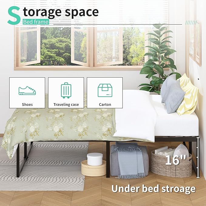 18 Inch Full Bed Frame No Box Spring Needed, Heavy Duty Metal Platform Beds with Sturdy Steal Slats for Mattress Foundation, Easy Assembly, Noise Free, Black