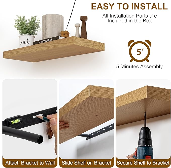 30 Inch Floating Shelves, Rustic Floating Wall Shelves 8 Inch Deep, 30 x 8 Floating Shelves for Home Decor, Deep Display & Storage Shelves for Kitchen, Bathroom, Living Room, Oak Color, Set of 2