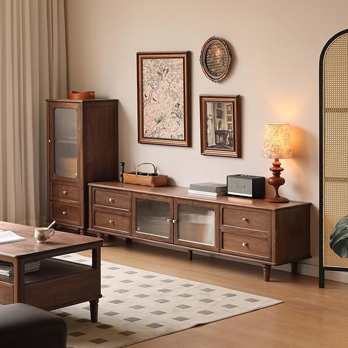 YESWOOD 78.74" L Solid Walnut Wood TV Stand & Side Cabinet, Mid Century Modern Media Console Entertainment Center Table with Storage, Living Room Cabinet with Glass Door & Adjustable Shelf & Drawers