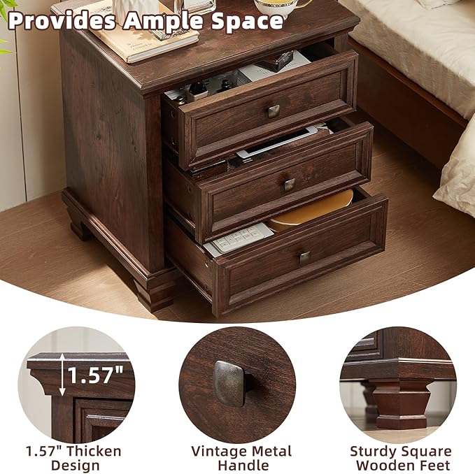 Farmhouse Nightstand with 3 Drawers, Rustic Couch End Table with 4 Square Solid Wood Legs, Mid-Century Modern Bed Side Table with Storage, Small Dresser for Bedroom, Living Room, Walnut