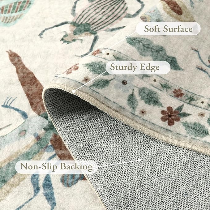 Lahome Insect Washable Round Rugs, Non-Slip Soft Round Rug 4ft Ultra-Thin, Small Boho Circle Carpet for Entryway Kitchen Bedroom Nursery Bathroom, Beige