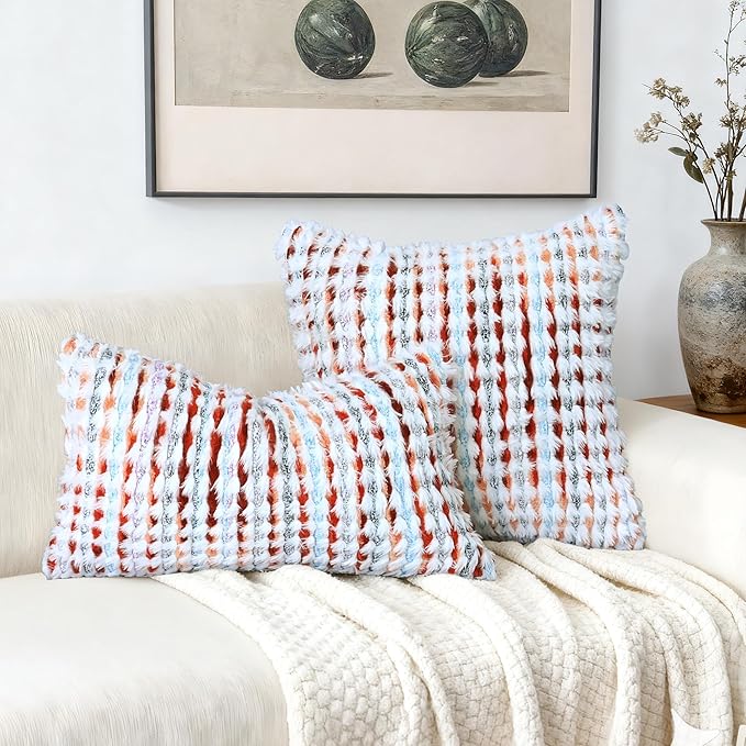 Boho Chenille Tufted Pillow Cover 24x24 Inch Set of 1, Farmhouse Striped Decorative Pillow Covers Accent Fluffy Neutral Square Pillowcases for Couch Sofa Bedroom Living Room, Orange White