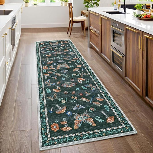 2.5x8 Runner Rug for Hallway Washable Kitchen Rugs Non Slip with Rubber Back Mushroom Soft Low-Pile Stain Resistant Foldable Indoor Carpet for Entryway Laundry Room Floor Mats Black