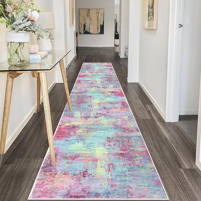 IOHOUZE Abstract Runner Rug 2x10 Ft Washable Runners for Hallways, Non Slip Kitchen Runner Printed Faux Wool Entryway Runner Indoor, Modern Abstract Floor Carpet for Hall Kitchen, Pink Teal